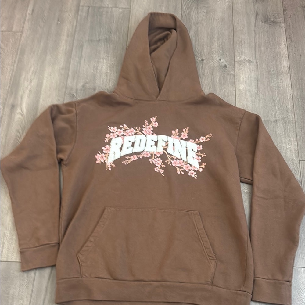 Redefine Brown Hoodie with Pink Floral Design Size Large